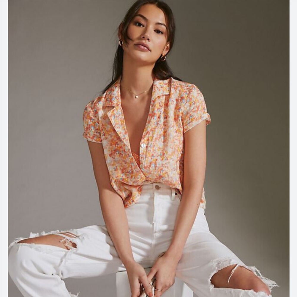 Cloth and Stone Orange Peach Floral Short Sleeve Button Shirt